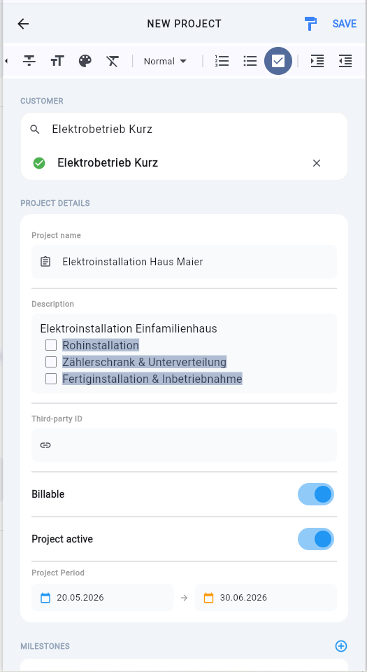 Projektdaten ausfüllen